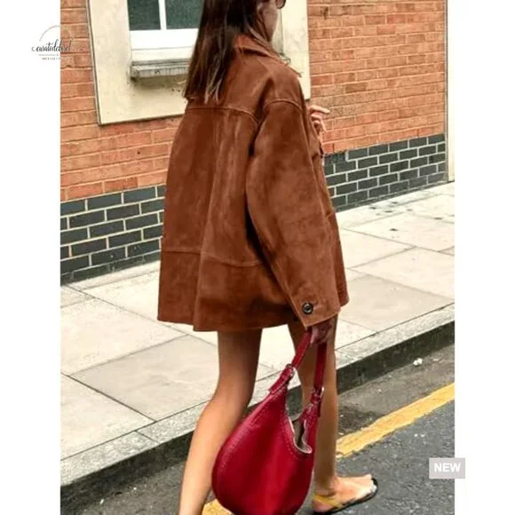 Faux Suede Leather Boyfriend Shacket Midi Long Button Down Casual Coat - Picture 4 of 6